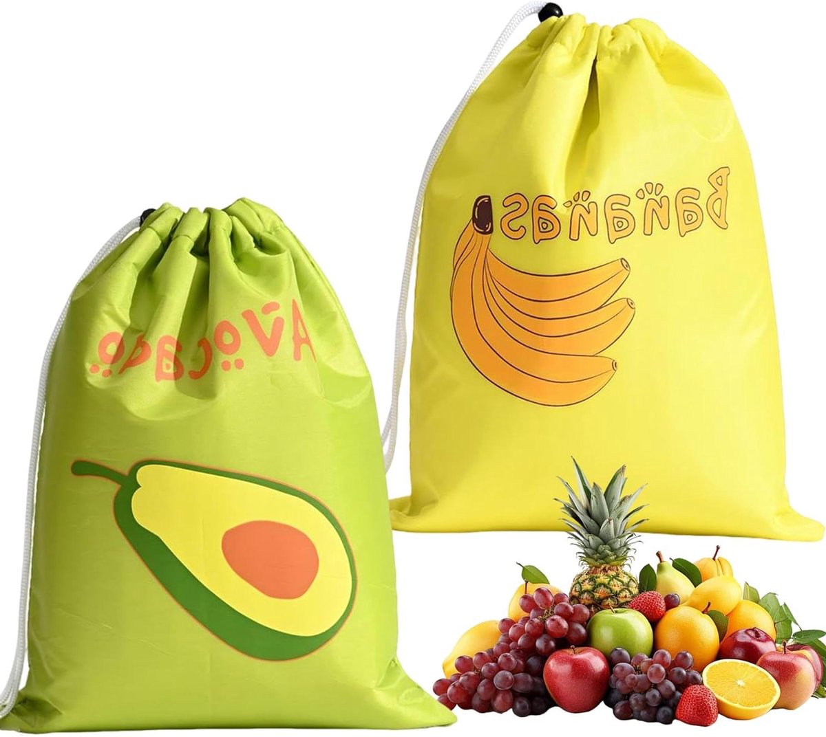 Set van 2 Vershoudzakken met Trekkoord voor Groente en Fruit opbergen