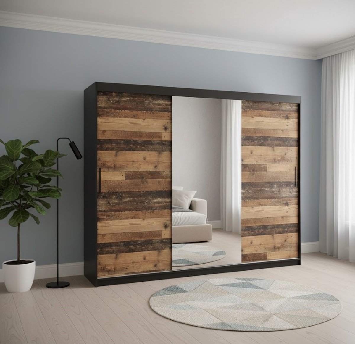 Elegant Schuifdeurkast Old Style T1 – 250 cm Kledingkast met Spiegel – Moderne Slaapkamer- en Woonkamerkast – Hoogwaardige Laminaatkast – Luxe Inlegbodem, PVC-rand en Schuifdeuren House&Garden