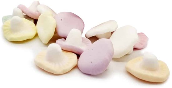 Een hoopje pastelkleurige, paddenstoelvormige snoepjes.