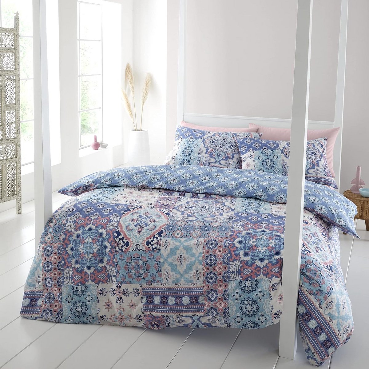 Patchwork Dekbedovertrek Eenpersoons Blauw Boho Stijl Inclusief Kussensloop