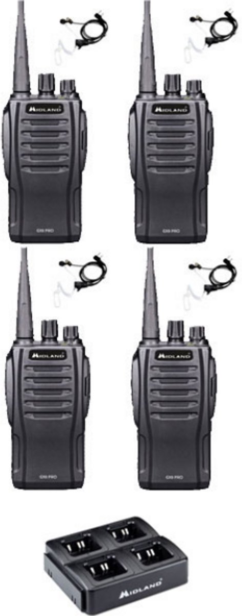 Set van 4 Midland G10 Pro UHF PMR446 Portofoon met multilader en beveiligingoortje
