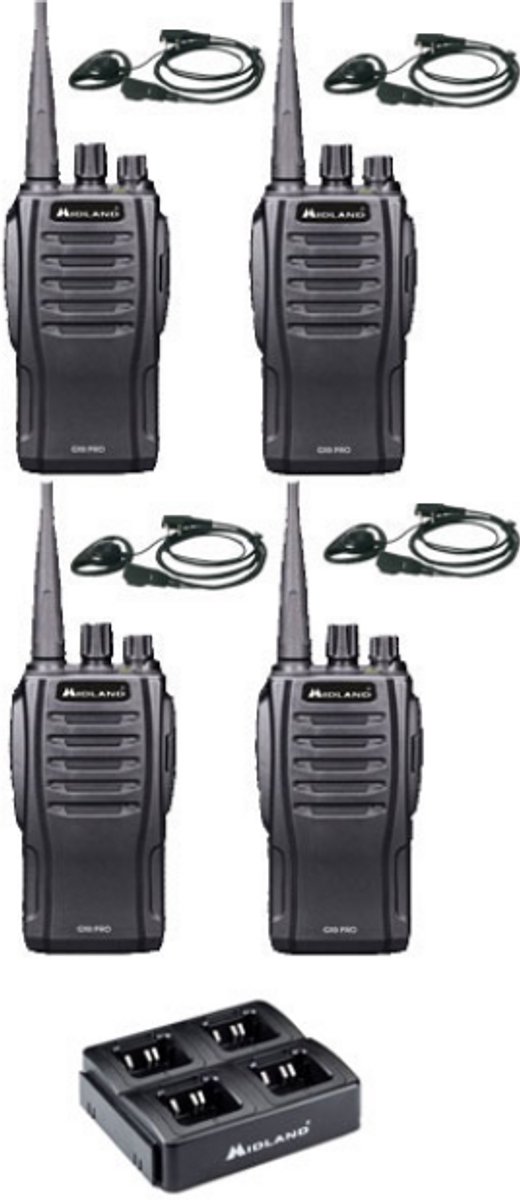 Set van 4 Midland G10 Pro UHF PMR446 Portofoon met multilader en D-shape oortje