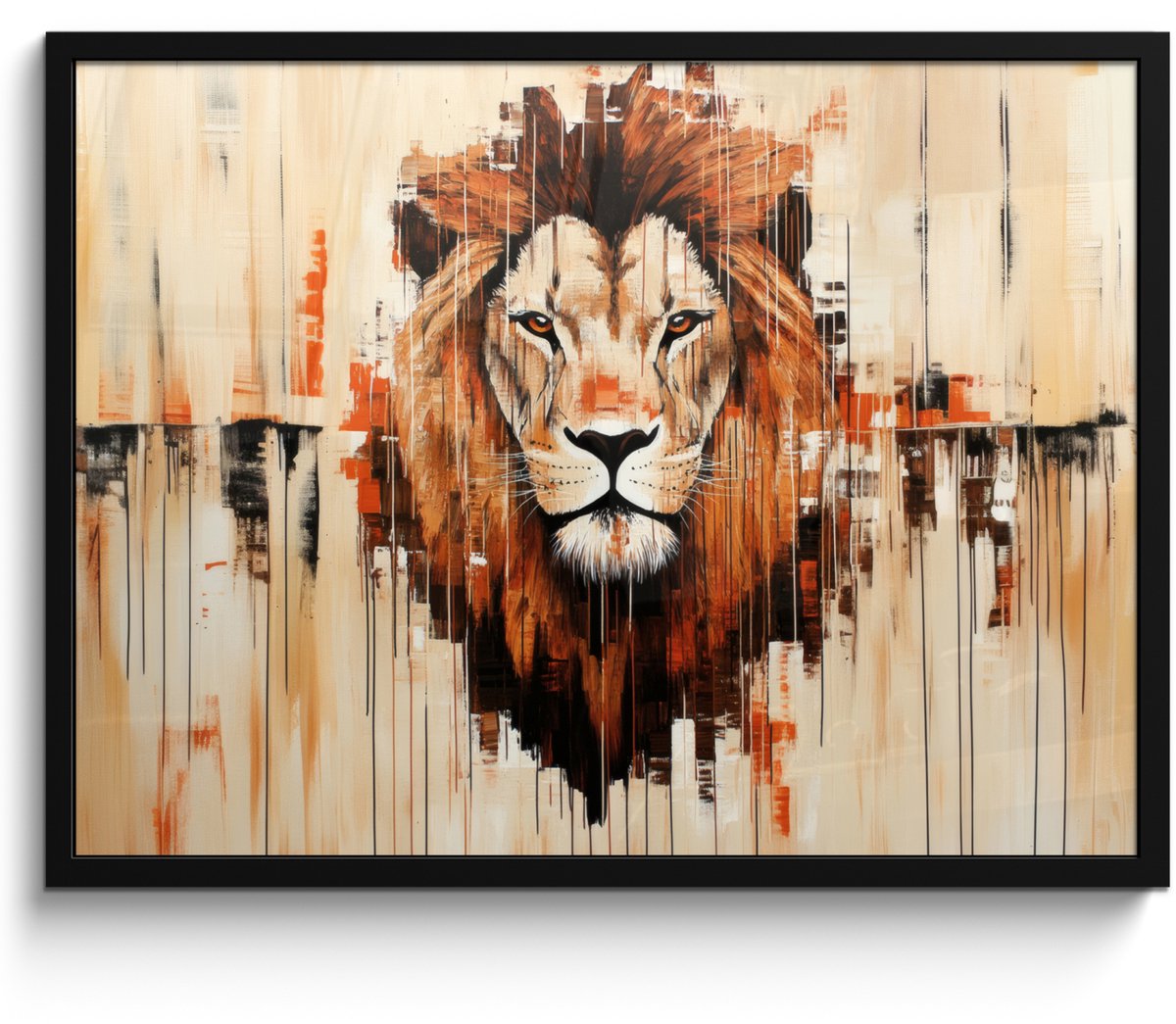 FrameYourWall Poster in lijst - Fotolijst 70x50 cm - Posters - Leeuwenkop - Lijnen - Crème - Posterlijst zwart - Decoratie - Wanddecoratie woonkamer - Muurdecoratie slaapkamer