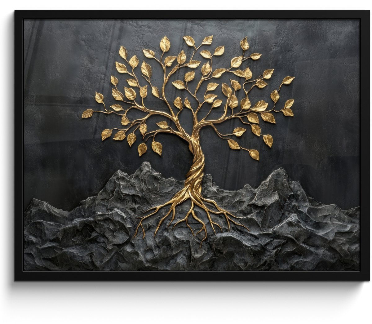 FrameYourWall Poster in lijst - Fotolijst 70x50 cm - Posters - Bladeren - Goud - Boom - Rots - Posterlijst zwart - Decoratie - Wanddecoratie woonkamer - Muurdecoratie slaapkamer