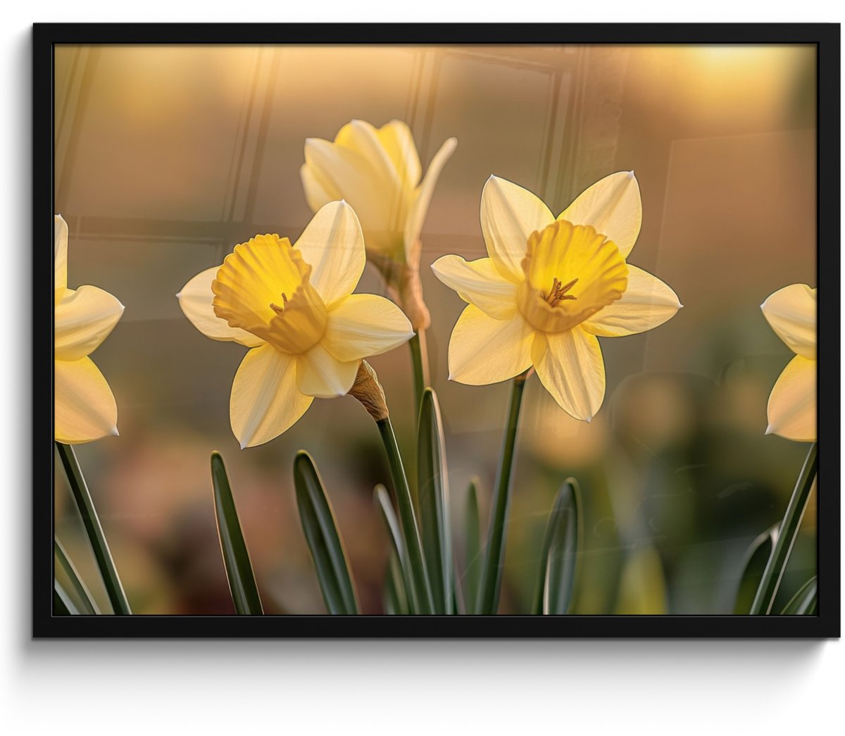 FrameYourWall Poster in lijst - Fotolijst 70x50 cm - Posters - Bloemen - Geel - Wazig - Posterlijst zwart - Decoratie - Wanddecoratie woonkamer - Muurdecoratie slaapkamer Narcissen