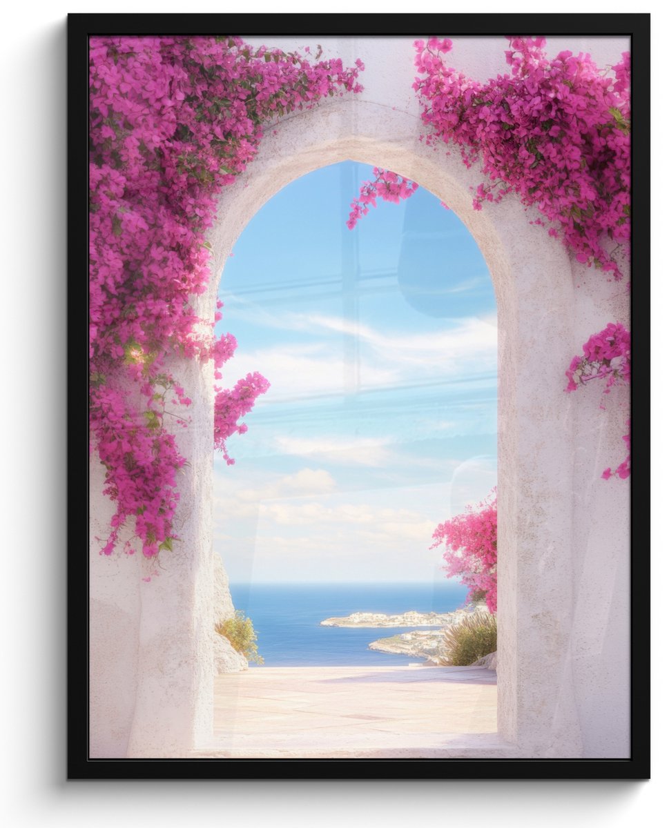 FrameYourWall Poster in lijst - Fotolijst 50x70 cm - Posters - Zee - Roze - Bloemen - Poort - Posterlijst zwart - Decoratie - Wanddecoratie woonkamer - Muurdecoratie slaapkamer Witte poort - Roze bloemen
