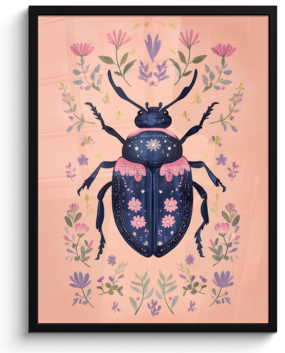FrameYourWall Poster in lijst - Fotolijst 50x70 cm - Posters - Kever - Donkerblauw - Bloemen - Sierlijk - Posterlijst zwart - Decoratie - Wanddecoratie woonkamer - Muurdecoratie slaapkamer Bloemen - Kever