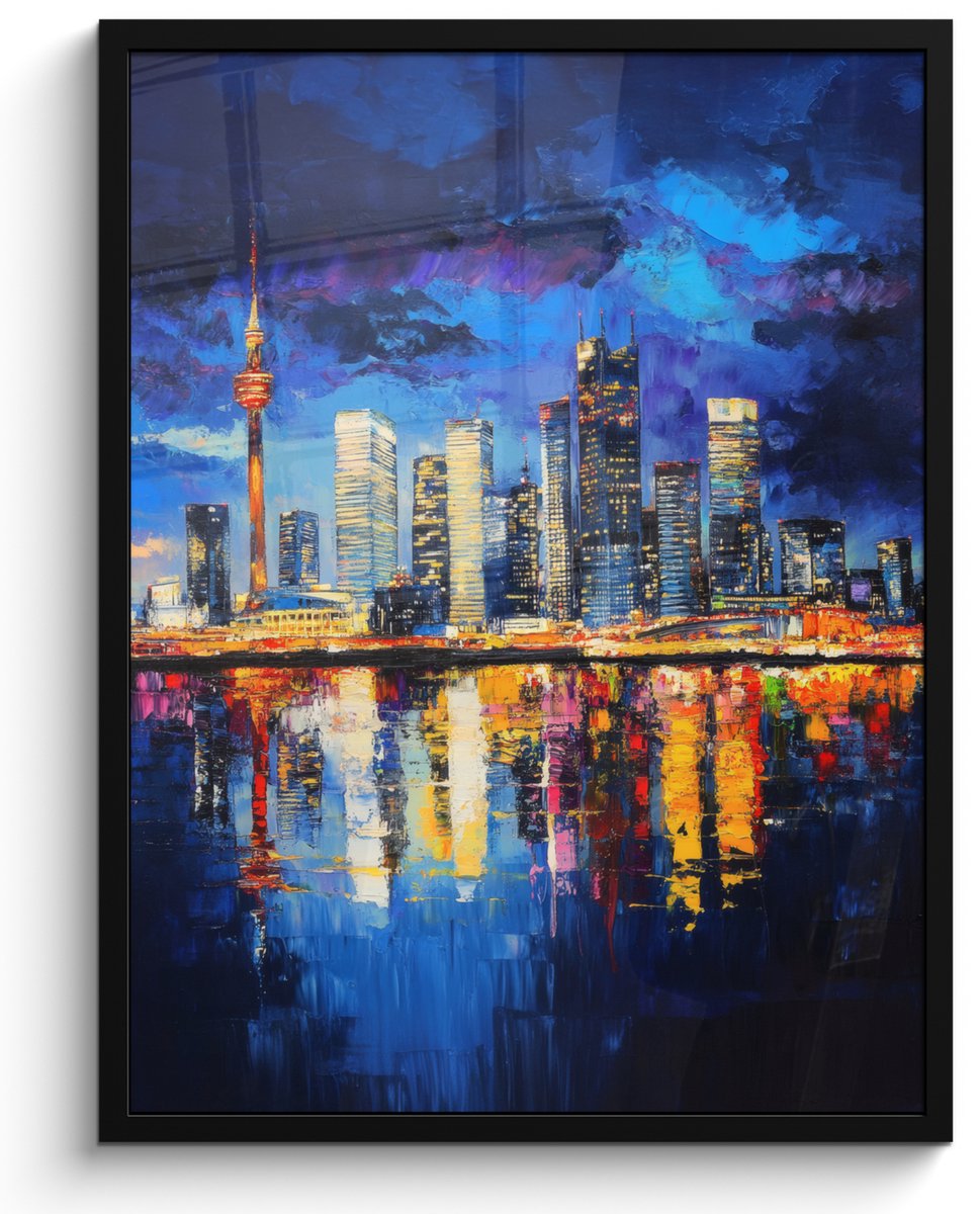 FrameYourWall Poster in lijst - Fotolijst 50x70 cm - Posters - Skyline Toronto - Modern - Stadslicht - Blauw - Posterlijst zwart - Decoratie - Wanddecoratie woonkamer - Muurdecoratie slaapkamer Skyline - Modern