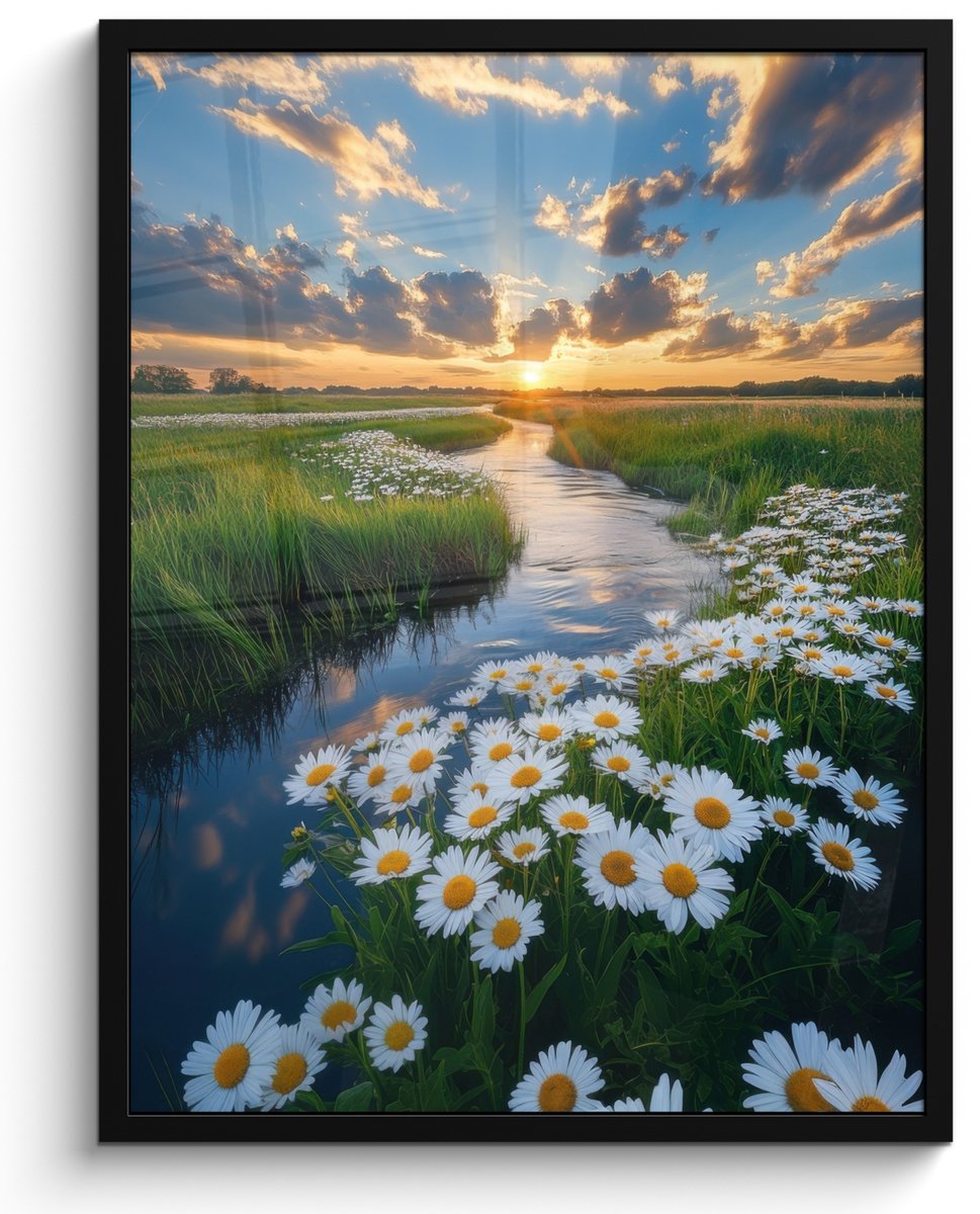 FrameYourWall Poster in lijst - Fotolijst 50x70 cm - Posters - Beekje - Landschap - Margriet - Posterlijst zwart - Decoratie - Wanddecoratie woonkamer - Muurdecoratie slaapkamer Landschap - Water