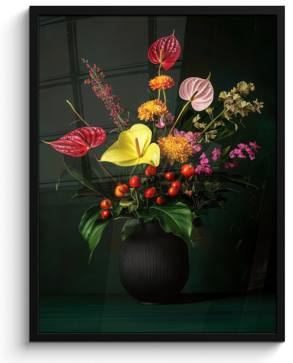 FrameYourWall Poster in lijst - Fotolijst 50x70 cm - Posters - Bloemen - Vaas - Zwart - Posterlijst zwart - Decoratie - Wanddecoratie woonkamer - Muurdecoratie slaapkamer Boeket - Bloemen 2