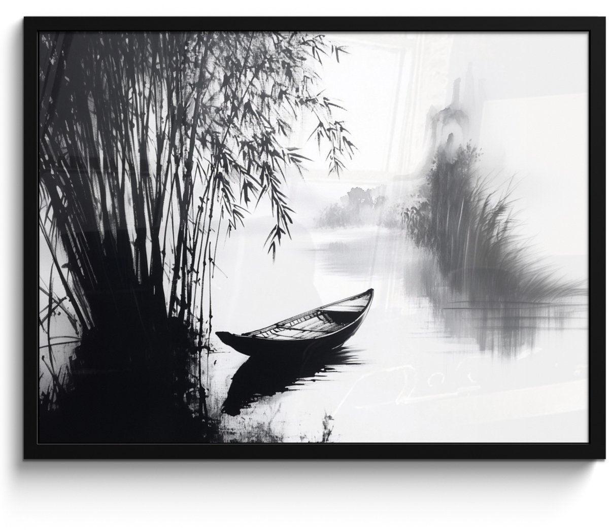 FrameYourWall Poster in lijst - Fotolijst 70x50 cm - Posters - Boot - Rivier - Bamboe - Wit - Posterlijst zwart - Decoratie - Wanddecoratie woonkamer - Muurdecoratie slaapkamer