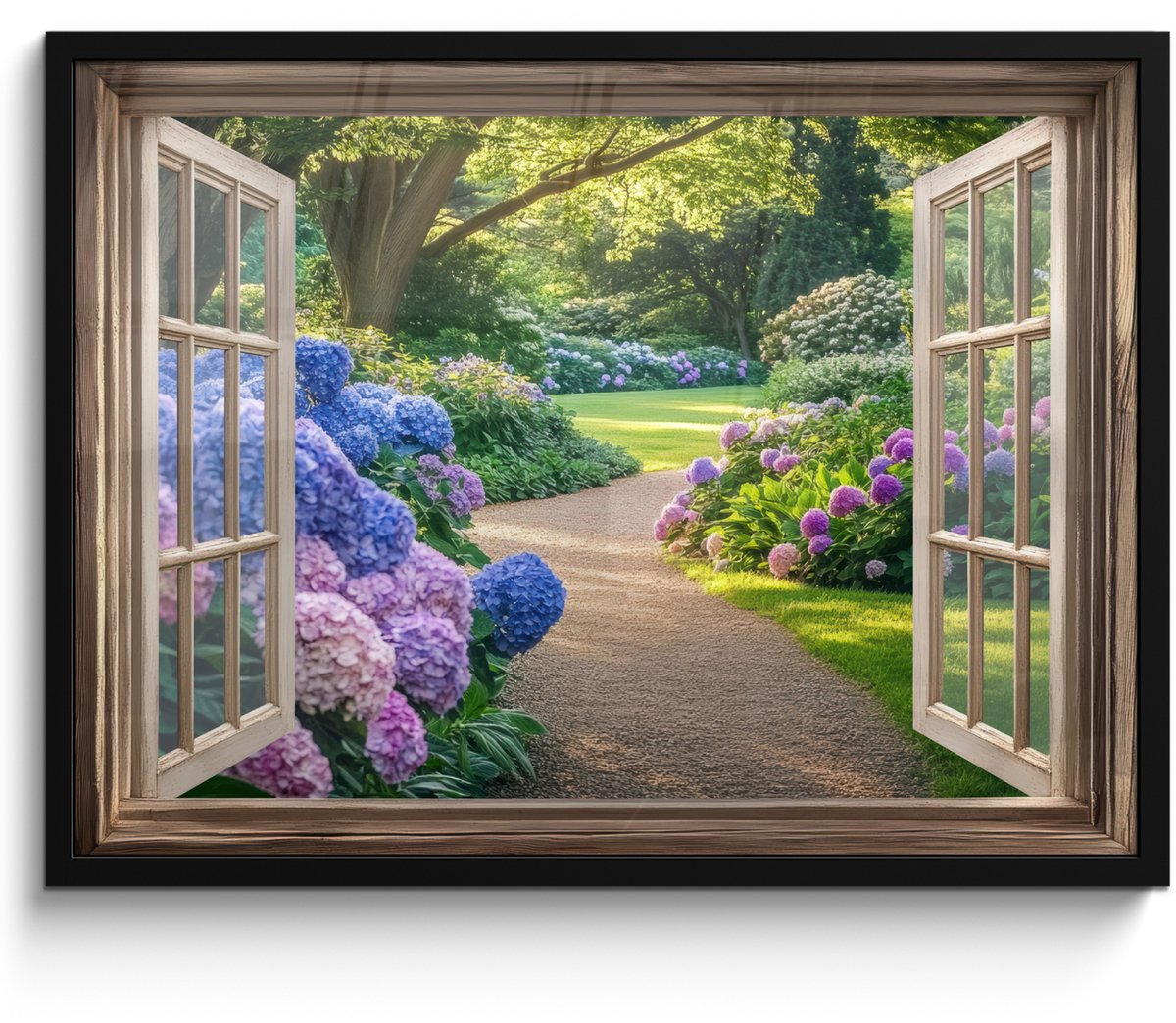 FrameYourWall Poster in lijst - Fotolijst 70x50 cm - Posters - Doorkijk - Tuin - Raam - Hortensia - Bloemen - Posterlijst zwart - Decoratie - Wanddecoratie woonkamer - Muurdecoratie slaapkamer Hortensia - Tuin