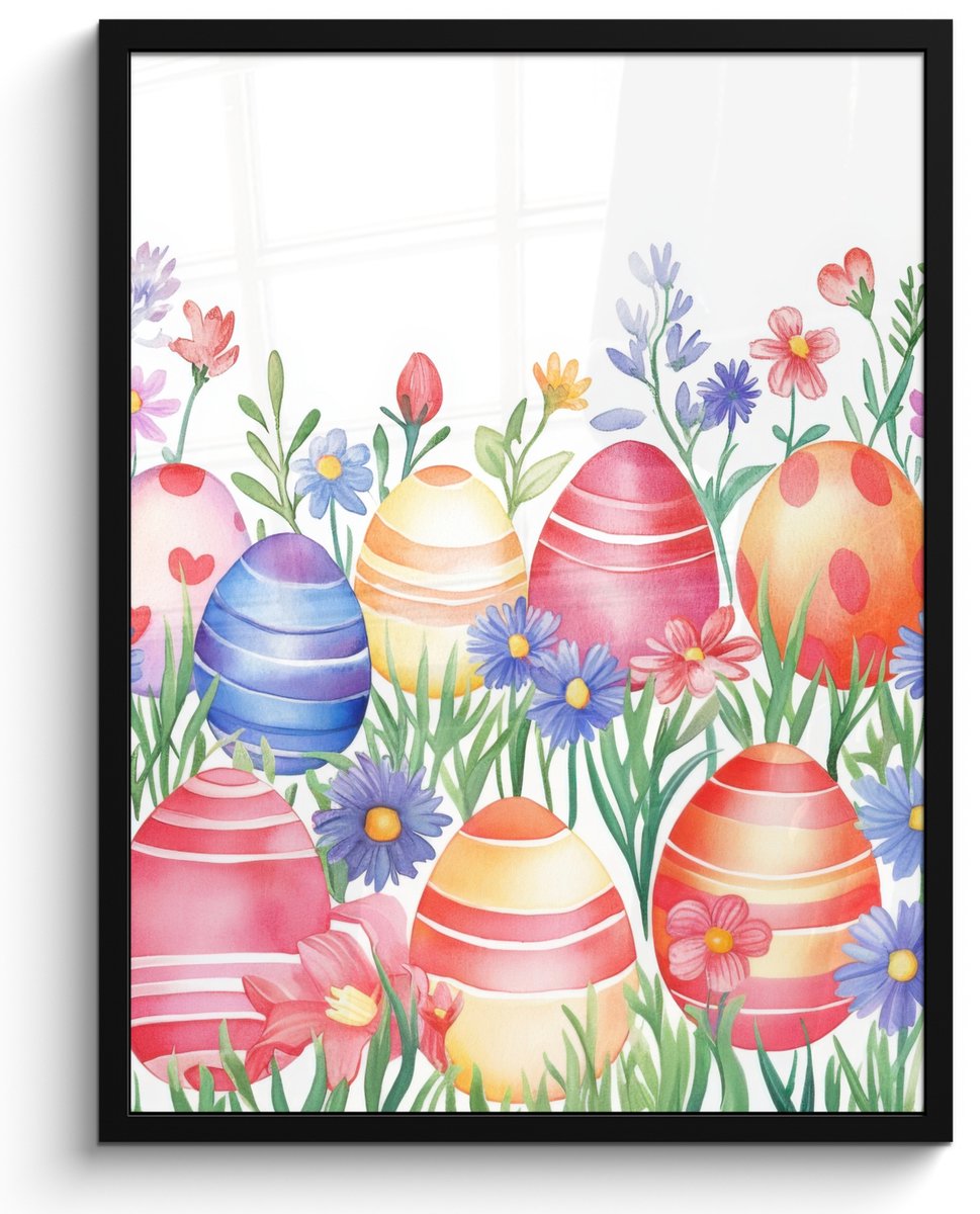 FrameYourWall Poster in lijst - Fotolijst 50x70 cm - Posters - Bloementuin - Kleurrijk - Eieren - Posterlijst zwart - Decoratie - Wanddecoratie woonkamer - Muurdecoratie slaapkamer Eieren - Kleurrijk