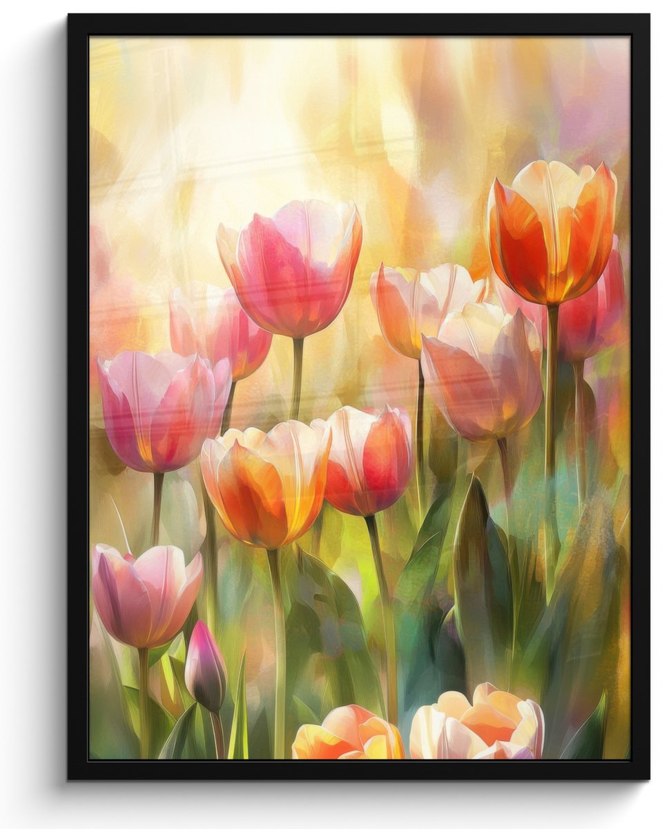 FrameYourWall Poster in lijst - Fotolijst 50x70 cm - Posters - Tulpen - Sprookjesachtig - Kleurrijk - Posterlijst zwart - Decoratie - Wanddecoratie woonkamer - Muurdecoratie slaapkamer Tulpen - Kleurrijk