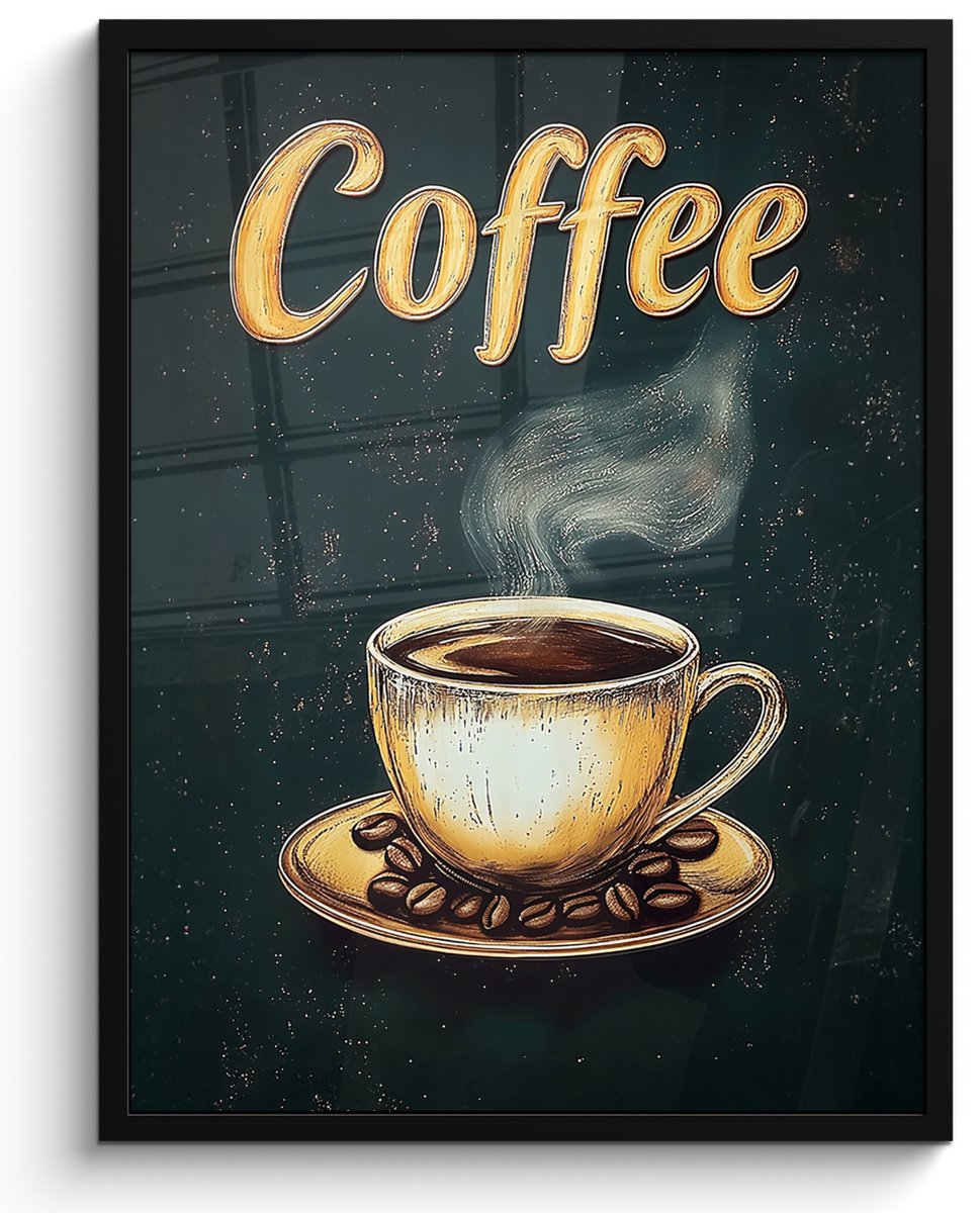 FrameYourWall Poster in lijst - Fotolijst 50x70 cm - Posters - Koffie - Schotel - Koffiebonen - Retro - Posterlijst zwart - Decoratie - Wanddecoratie woonkamer - Muurdecoratie slaapkamer