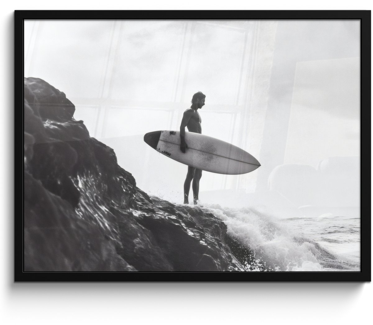 FrameYourWall Poster in lijst - Fotolijst 70x50 cm - Posters - Surfer - Rots - Oceaan - Golven - Posterlijst zwart - Decoratie - Wanddecoratie woonkamer - Muurdecoratie slaapkamer Surfer - Rotsen - Golven