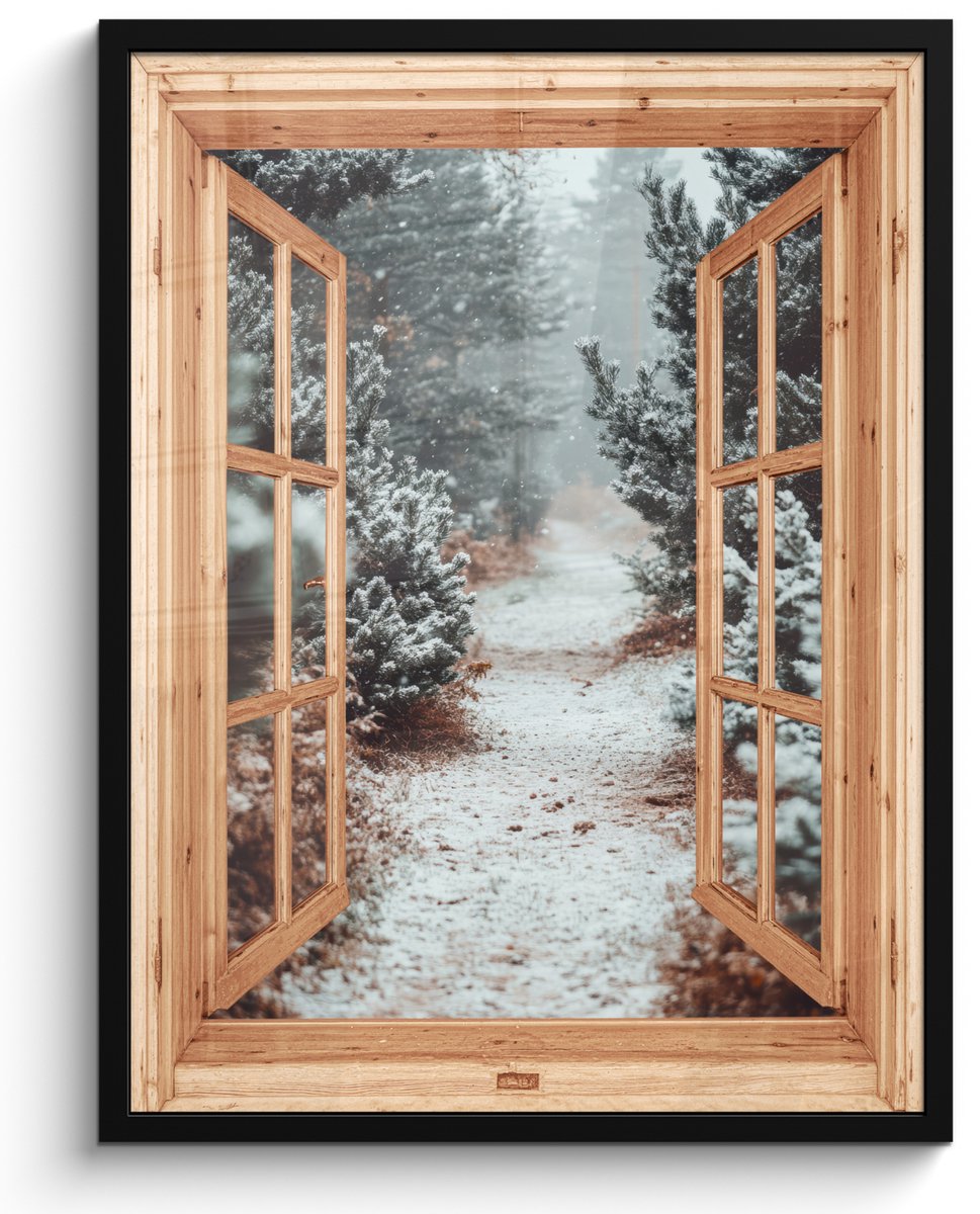 FrameYourWall Poster in lijst - Fotolijst 50x70 cm - Posters - Bos - Winter - Bomen - Natuur - Pad - Doorkijk - Posterlijst zwart - Decoratie - Wanddecoratie woonkamer - Muurdecoratie slaapkamer Bospad