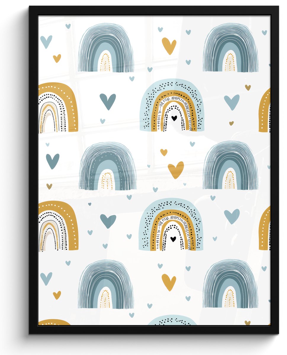 FrameYourWall Poster in lijst - Fotolijst 50x70 cm - Posters - Patroon - Regenboog - Hartjes - Posterlijst zwart - Decoratie - Wanddecoratie woonkamer - Muurdecoratie slaapkamer Multicolor