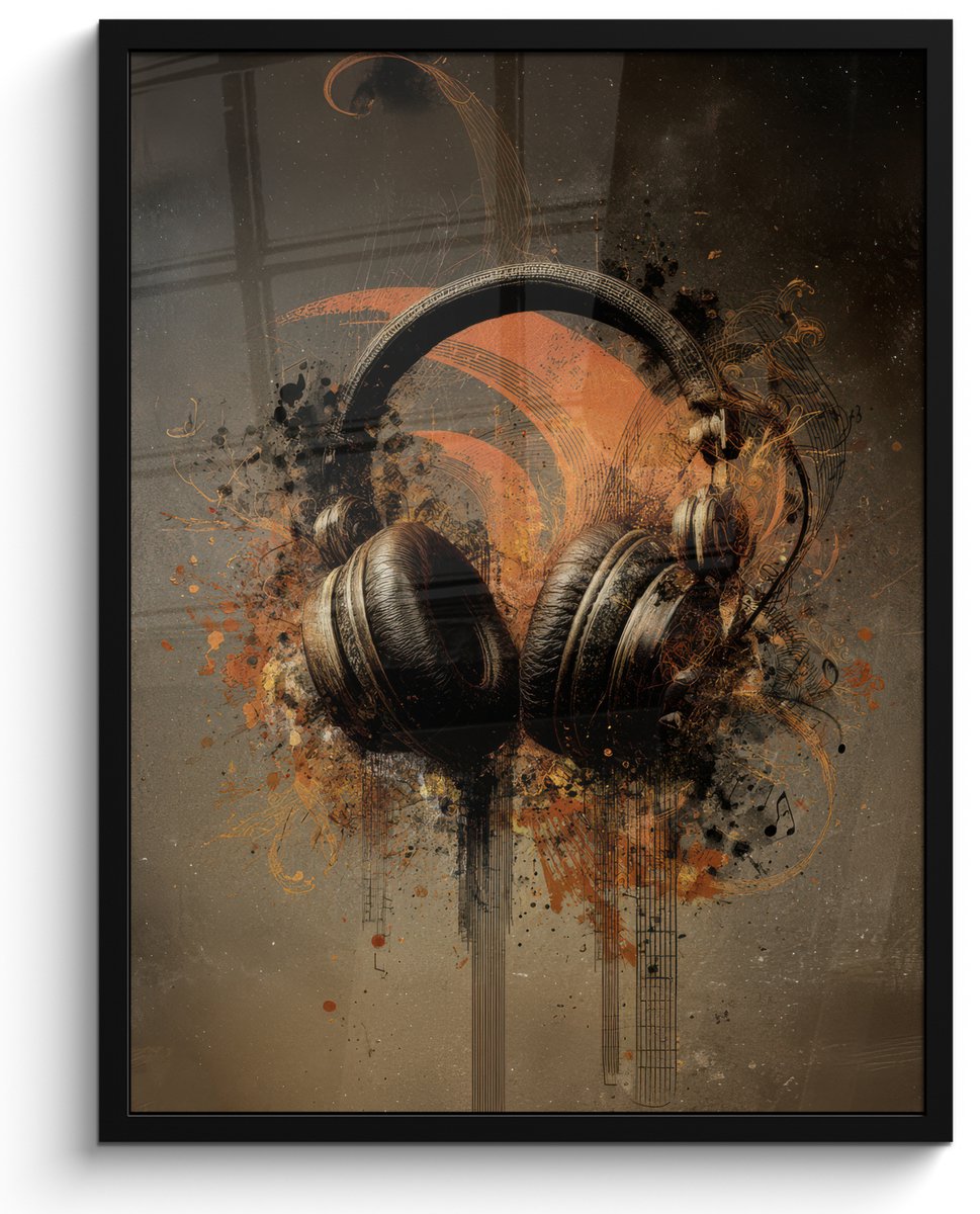 FrameYourWall Poster in lijst - Fotolijst 50x70 cm - Posters - Koptelefoon - Bruin - Verf - Vintage - Posterlijst zwart - Decoratie - Wanddecoratie woonkamer - Muurdecoratie slaapkamer Koptelefoon - Vintage