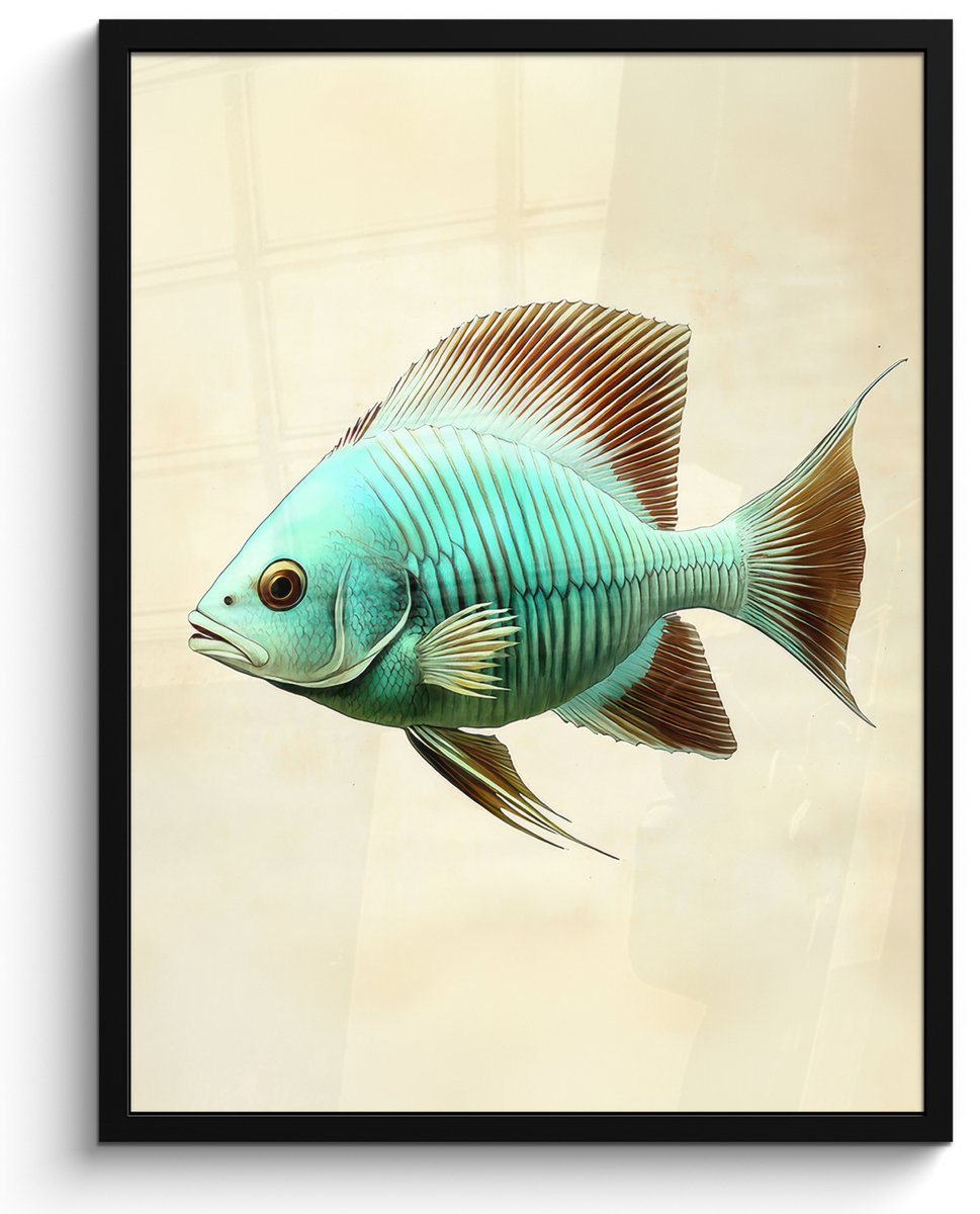 FrameYourWall Poster in lijst - Fotolijst 50x70 cm - Posters - Schubben - Vis - Mint - Minimalistisch - Posterlijst zwart - Decoratie - Wanddecoratie woonkamer - Muurdecoratie slaapkamer Vis - Schubben