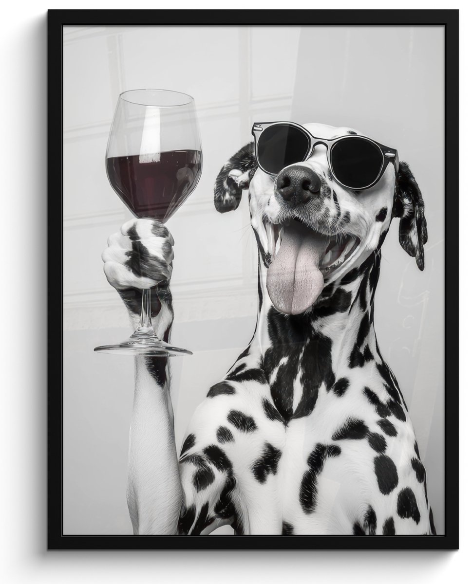FrameYourWall Poster in lijst - Fotolijst 50x70 cm - Posters - Zonnebril - Dalmatiër - Wijnglas - Tong - Posterlijst zwart - Decoratie - Wanddecoratie woonkamer - Muurdecoratie slaapkamer