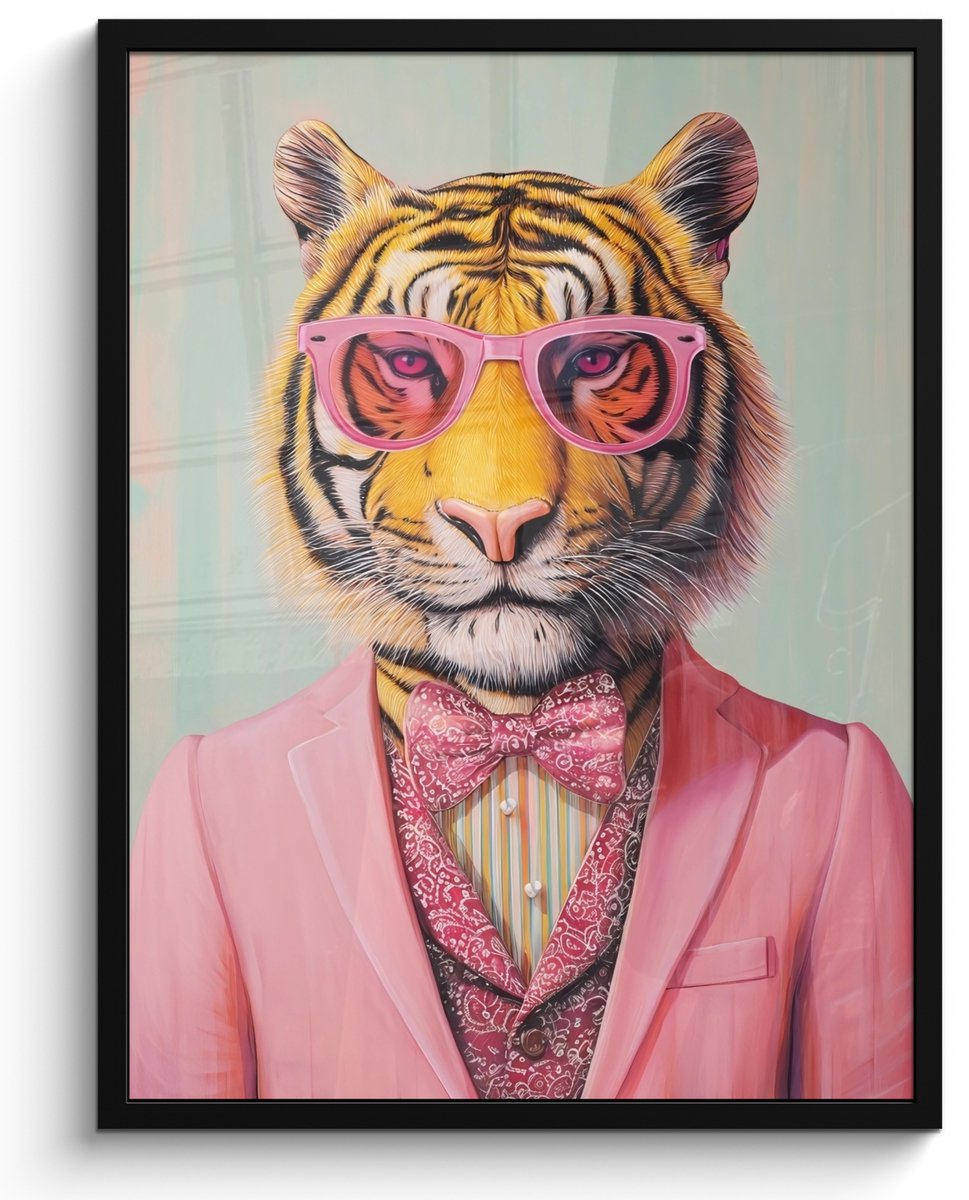 FrameYourWall Poster in lijst - Fotolijst 50x70 cm - Posters - Tijger - Strik - Jasje - Roze - Posterlijst zwart - Decoratie - Wanddecoratie woonkamer - Muurdecoratie slaapkamer Tijger - Bril