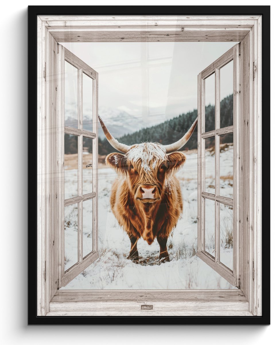 FrameYourWall Poster in lijst - Fotolijst 50x70 cm - Posters - Schotse Hooglander - Winterlandschap - Landelijk - Bergen - Doorkijk - Posterlijst zwart - Decoratie - Wanddecoratie woonkamer - Muurdecoratie slaapkamer