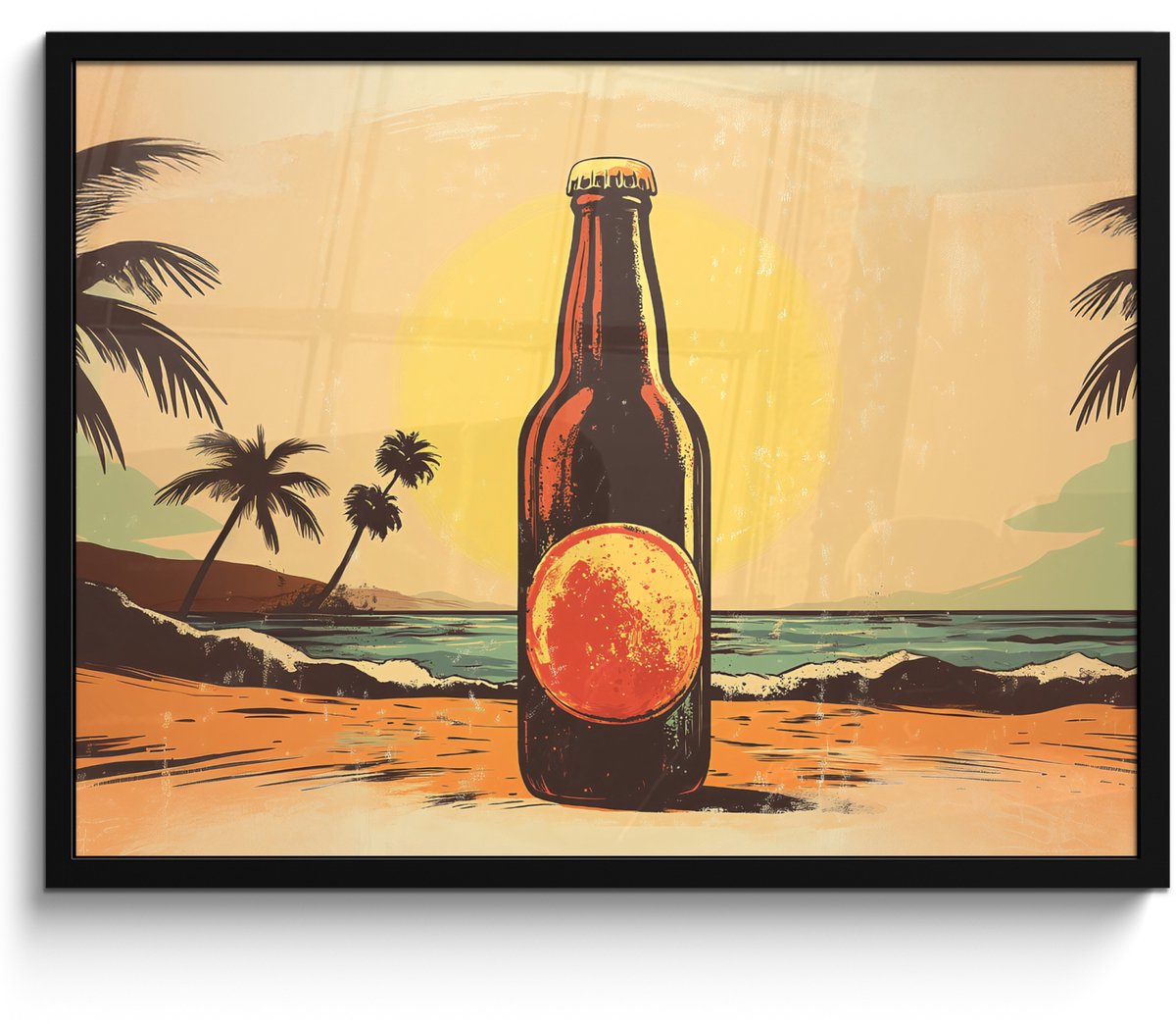 FrameYourWall Poster in lijst - Fotolijst 70x50 cm - Posters - Bierfles - Zonsondergang - Palmbomen - Zee - Posterlijst zwart - Decoratie - Wanddecoratie woonkamer - Muurdecoratie slaapkamer Bierfles - Strand