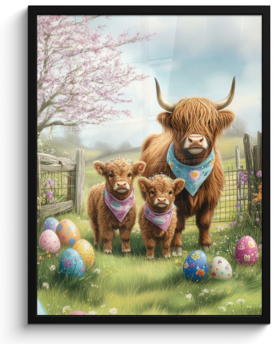 FrameYourWall Poster in lijst - Fotolijst 50x70 cm - Posters - Schotsehooglanders - Paaseieren - Lente - Posterlijst zwart - Decoratie - Wanddecoratie woonkamer - Muurdecoratie slaapkamer Schotse hooglanders - Pasen