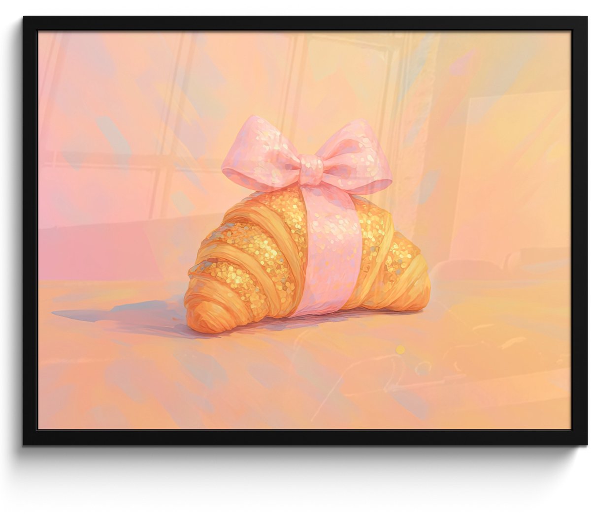 FrameYourWall Poster in lijst - Fotolijst 70x50 cm - Posters - Croissant - Strik - Roze - Posterlijst zwart - Decoratie - Wanddecoratie woonkamer - Muurdecoratie slaapkamer