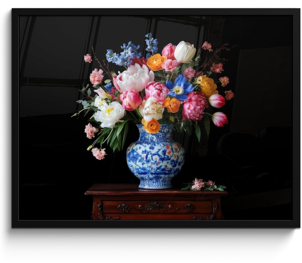 FrameYourWall Poster in lijst - Fotolijst 70x50 cm - Posters - Rozen - Bloemen - Vaas - Boeket - Posterlijst zwart - Decoratie - Wanddecoratie woonkamer - Muurdecoratie slaapkamer Bloemen - Rozen