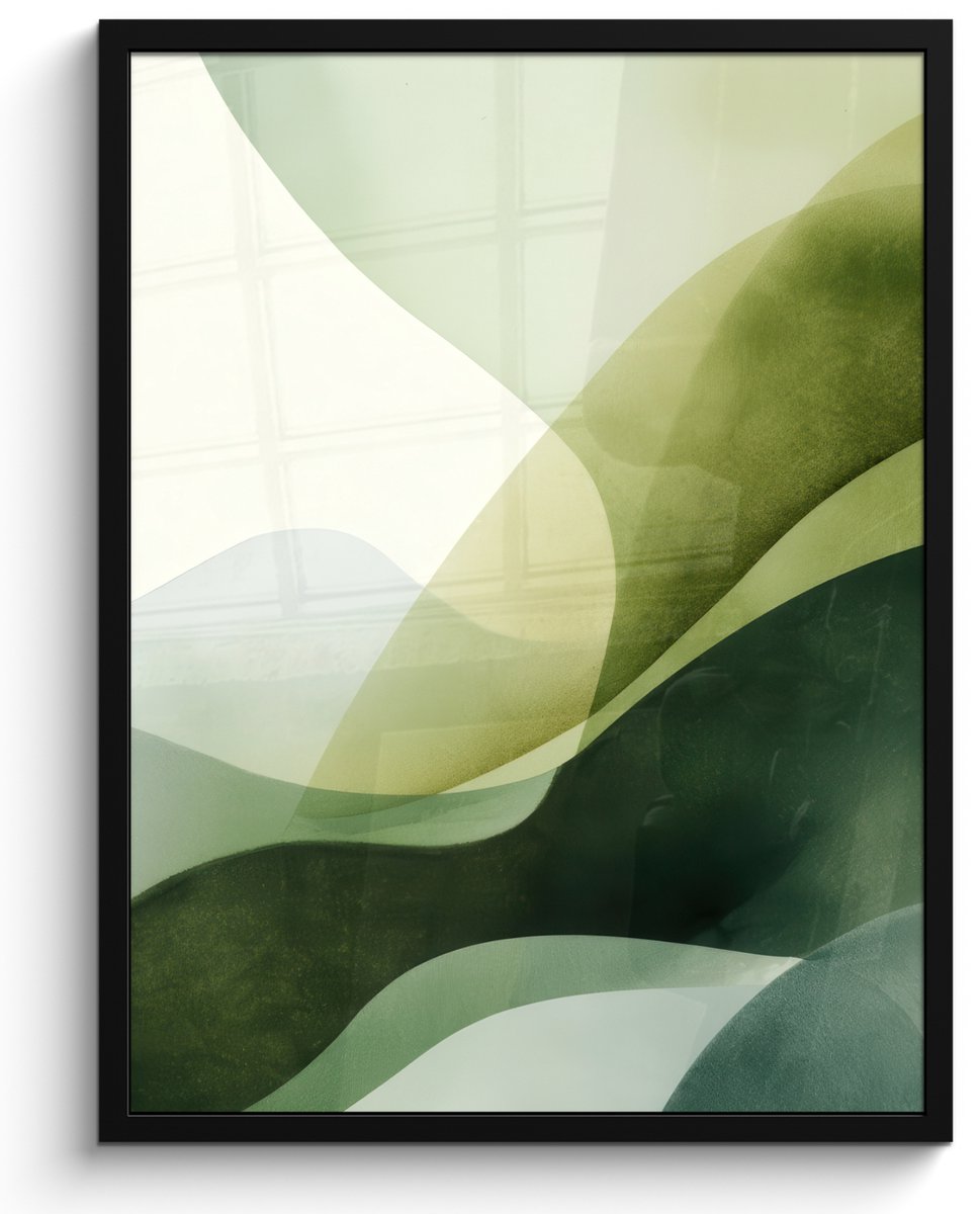 FrameYourWall Poster in lijst - Fotolijst 50x70 cm - Posters - Golven - Abstract - Lichtgroen - Sierlijk - Posterlijst zwart - Decoratie - Wanddecoratie woonkamer - Muurdecoratie slaapkamer