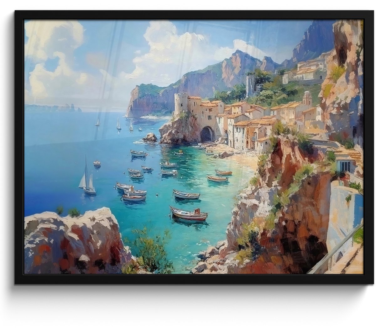 FrameYourWall Poster in lijst - Fotolijst 70x50 cm - Posters - Kustdorp - Schilderij - Rotsen - Boten - Posterlijst zwart - Decoratie - Wanddecoratie woonkamer - Muurdecoratie slaapkamer Dorp - Rotsen - Boten