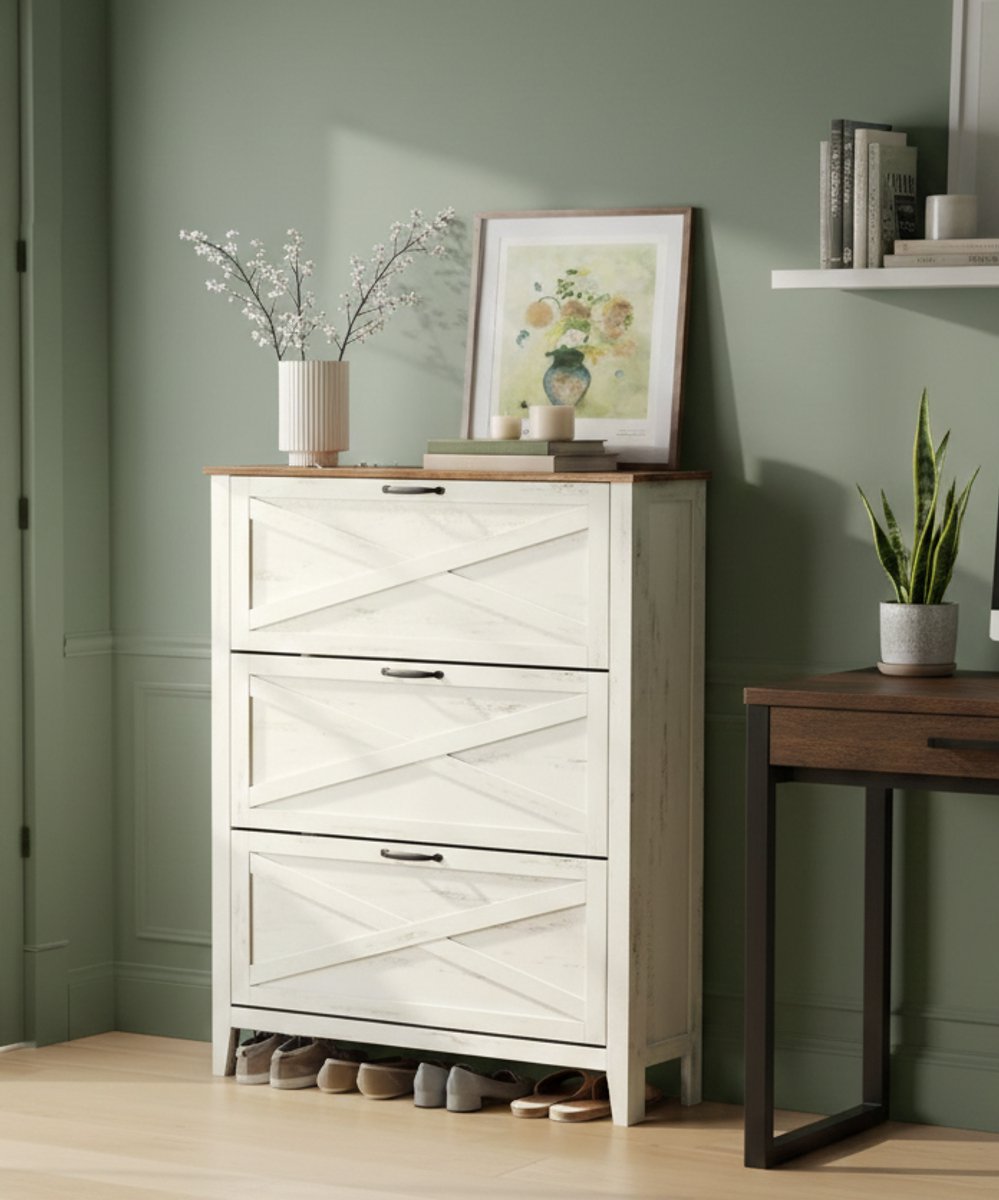 Country Schoenenkast Windsor – Vintage Wit, 3 Kleppen & Vrijstaand Smal Schoenenrek – Landelijke Stijl, Verstelbare Planken voor 18-24 Paar Schoenen – Ruimtebesparend voor Hal, Entree en Gang - House&Garden