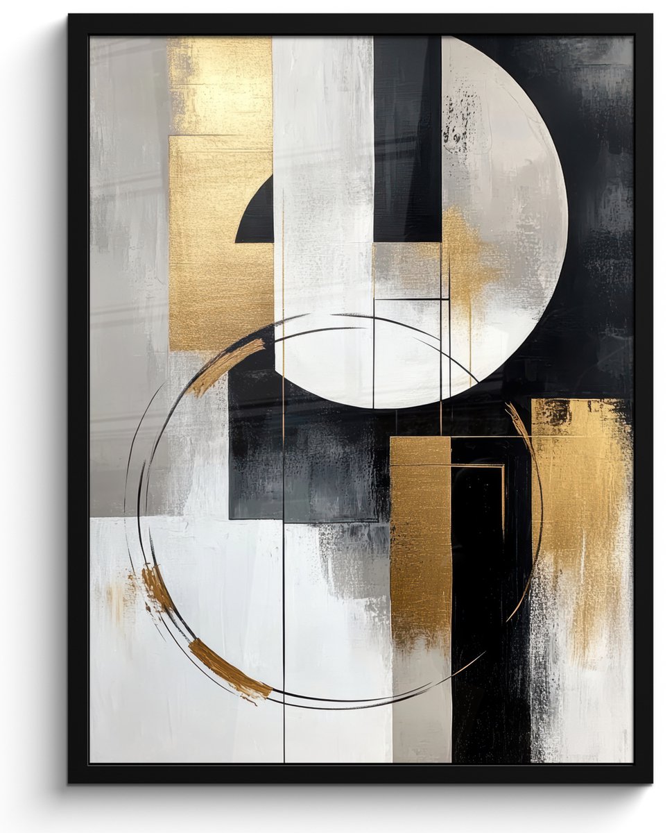 FrameYourWall Poster in lijst - Fotolijst 50x70 cm - Posters - Abstract - Goud - Zilver - Vormen - Aesthetic - Posterlijst zwart - Decoratie - Wanddecoratie woonkamer - Muurdecoratie slaapkamer Abstracte vormen