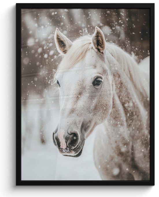 Poster in lijst - Fotolijst 50x70 cm - Posters - Paard - Wit - Winter - Natuur - Sneeuw - Dieren - Posterlijst zwart - Decoratie - Wanddecoratie woonkamer - Muurdecoratie slaapkamer