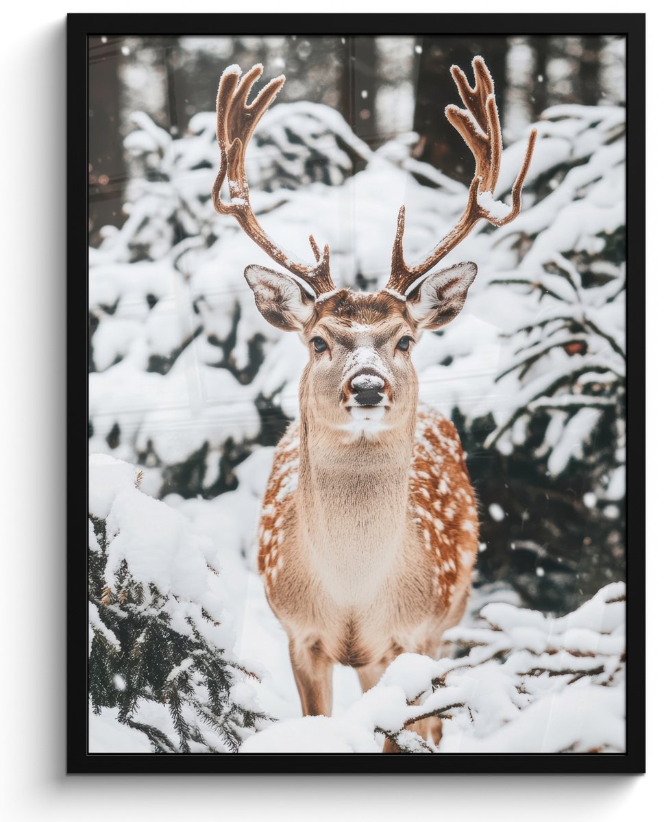FrameYourWall Poster in lijst - Fotolijst 50x70 cm - Posters - Hert - Sneeuw - Winter - Bos - Dieren - Posterlijst zwart - Decoratie - Wanddecoratie woonkamer - Muurdecoratie slaapkamer