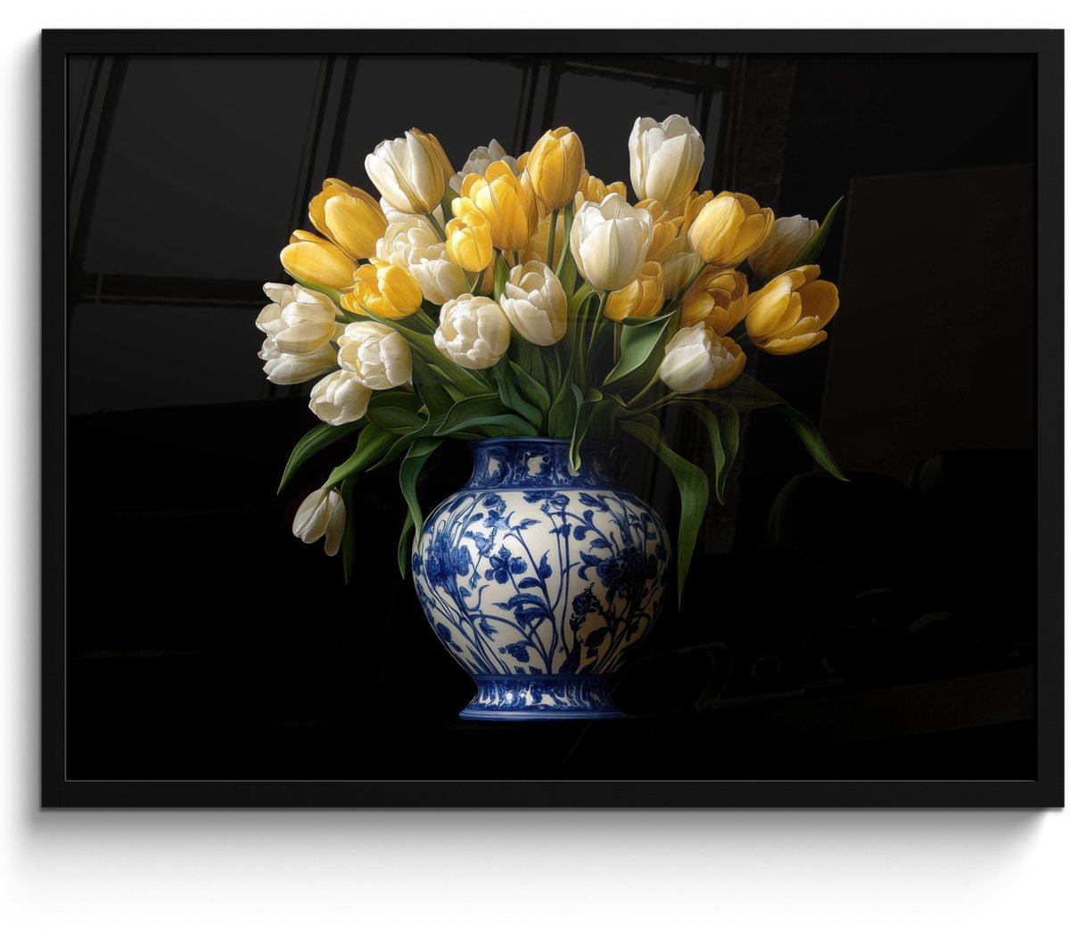 FrameYourWall Poster in lijst - Fotolijst 70x50 cm - Posters - Geel - Tulpen - Vaas - Bloemen - Posterlijst zwart - Decoratie - Wanddecoratie woonkamer - Muurdecoratie slaapkamer Tulpen - Geel