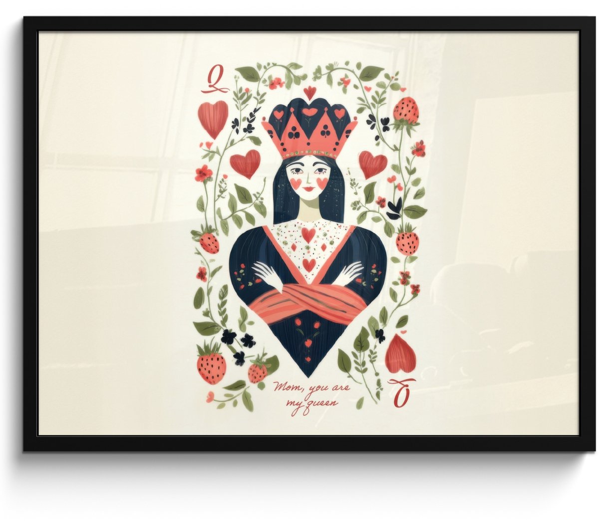 FrameYourWall Poster in lijst - Fotolijst 70x50 cm - Posters - Speelkaart - Hartenkoningin - Bloemen - Hartjes - Posterlijst zwart - Decoratie - Wanddecoratie woonkamer - Muurdecoratie slaapkamer Speelkaart - Hartenkoningin - Tekst