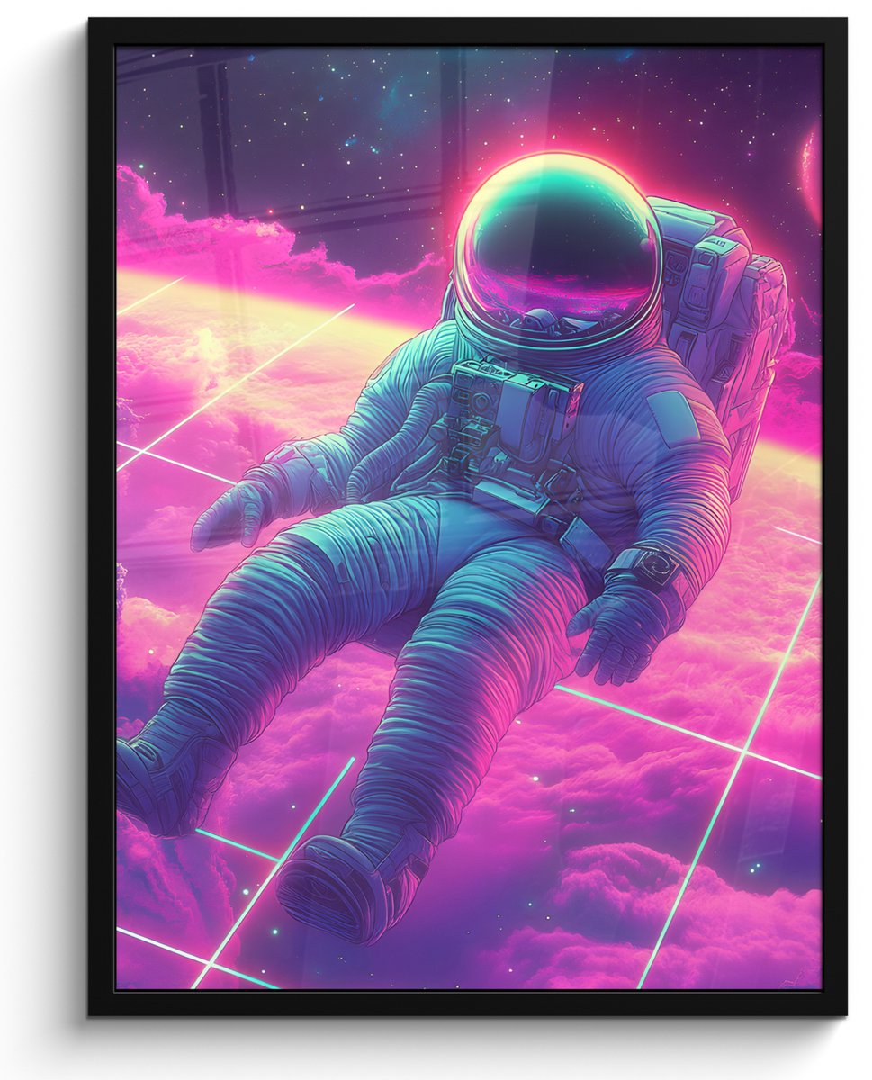 FrameYourWall Poster in lijst - Fotolijst 50x70 cm - Posters - Astronaut - Neon - Roze - Wolken - Posterlijst zwart - Decoratie - Wanddecoratie woonkamer - Muurdecoratie slaapkamer
