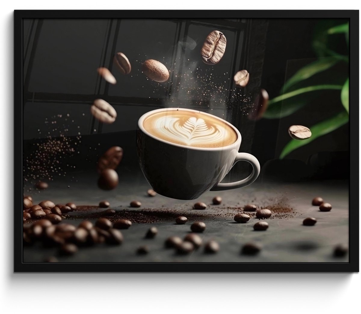 FrameYourWall Poster in lijst - Fotolijst 70x50 cm - Posters - Cappuccino - Kop - Bonen - Bruin - Posterlijst zwart - Decoratie - Wanddecoratie woonkamer - Muurdecoratie slaapkamer Cappuccino - Bonen
