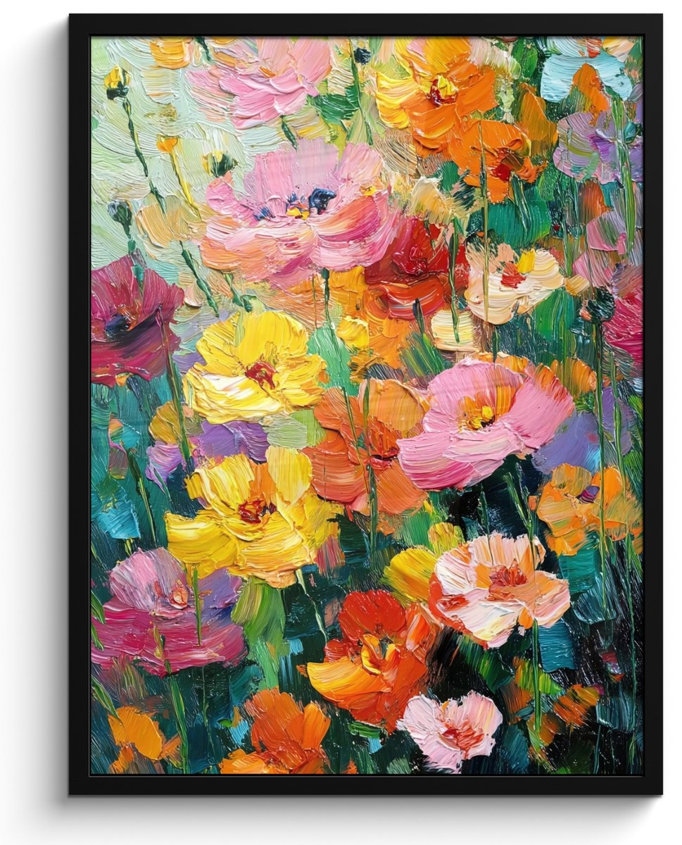 FrameYourWall Poster in lijst - Fotolijst 50x70 cm - Posters - Bloemen explosie - Heldere kleuren - Vrolijk - Posterlijst zwart - Decoratie - Wanddecoratie woonkamer - Muurdecoratie slaapkamer Bloemenveld - Kleurrijk