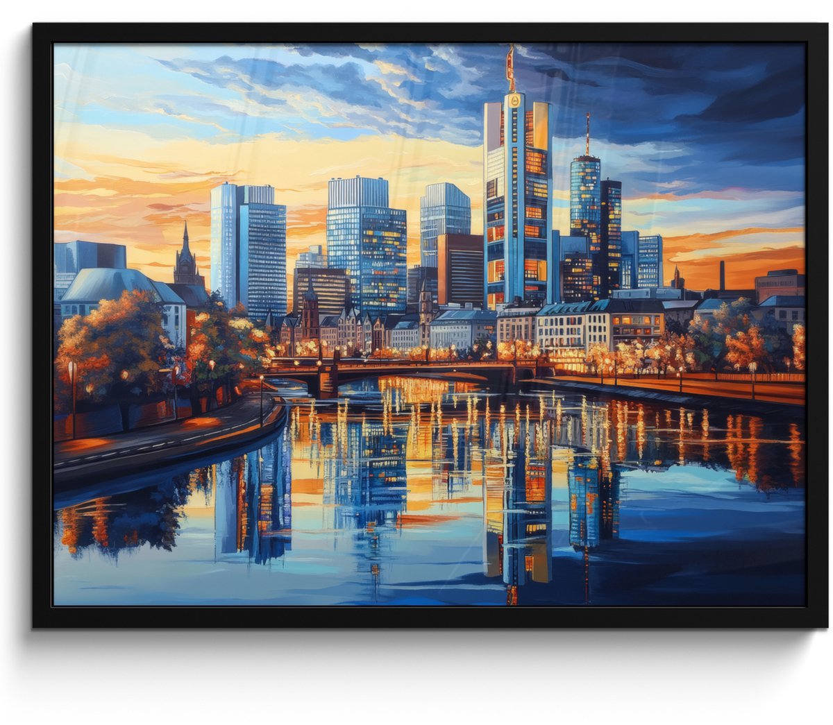 FrameYourWall Poster in lijst - Fotolijst 70x50 cm - Posters - Zonsondergang Frankfurt - Stad - Skyline - Water - Posterlijst zwart - Decoratie - Wanddecoratie woonkamer - Muurdecoratie slaapkamer Zonsondergang - Stad