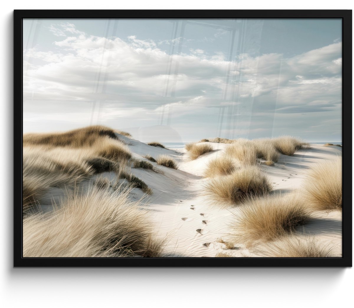 FrameYourWall Poster in lijst - Fotolijst 70x50 cm - Posters - Duinen - Gras - Sporen - Wolken - Posterlijst zwart - Decoratie - Wanddecoratie woonkamer - Muurdecoratie slaapkamer Duinen - Wolken
