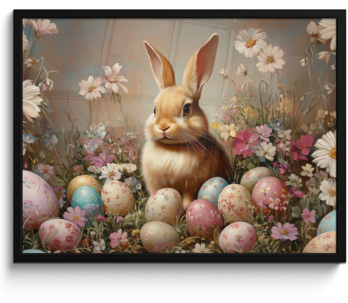 FrameYourWall Poster in lijst - Fotolijst 70x50 cm - Posters - Paashaas - Lente - Paaseieren - Posterlijst zwart - Decoratie - Wanddecoratie woonkamer - Muurdecoratie slaapkamer Paashaas - Vintage