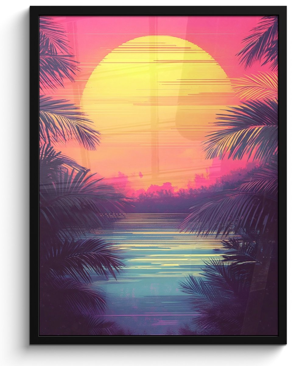 FrameYourWall Poster in lijst - Fotolijst 50x70 cm - Posters - Zon - Geel - Palmbomen - Tropisch - Posterlijst zwart - Decoratie - Wanddecoratie woonkamer - Muurdecoratie slaapkamer Palmbomen - Zon