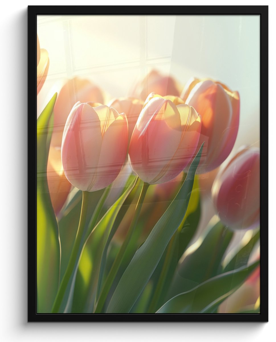 FrameYourWall Poster in lijst - Fotolijst 50x70 cm - Posters - Tulpen - Roze - Zonnestralen - Posterlijst zwart - Decoratie - Wanddecoratie woonkamer - Muurdecoratie slaapkamer