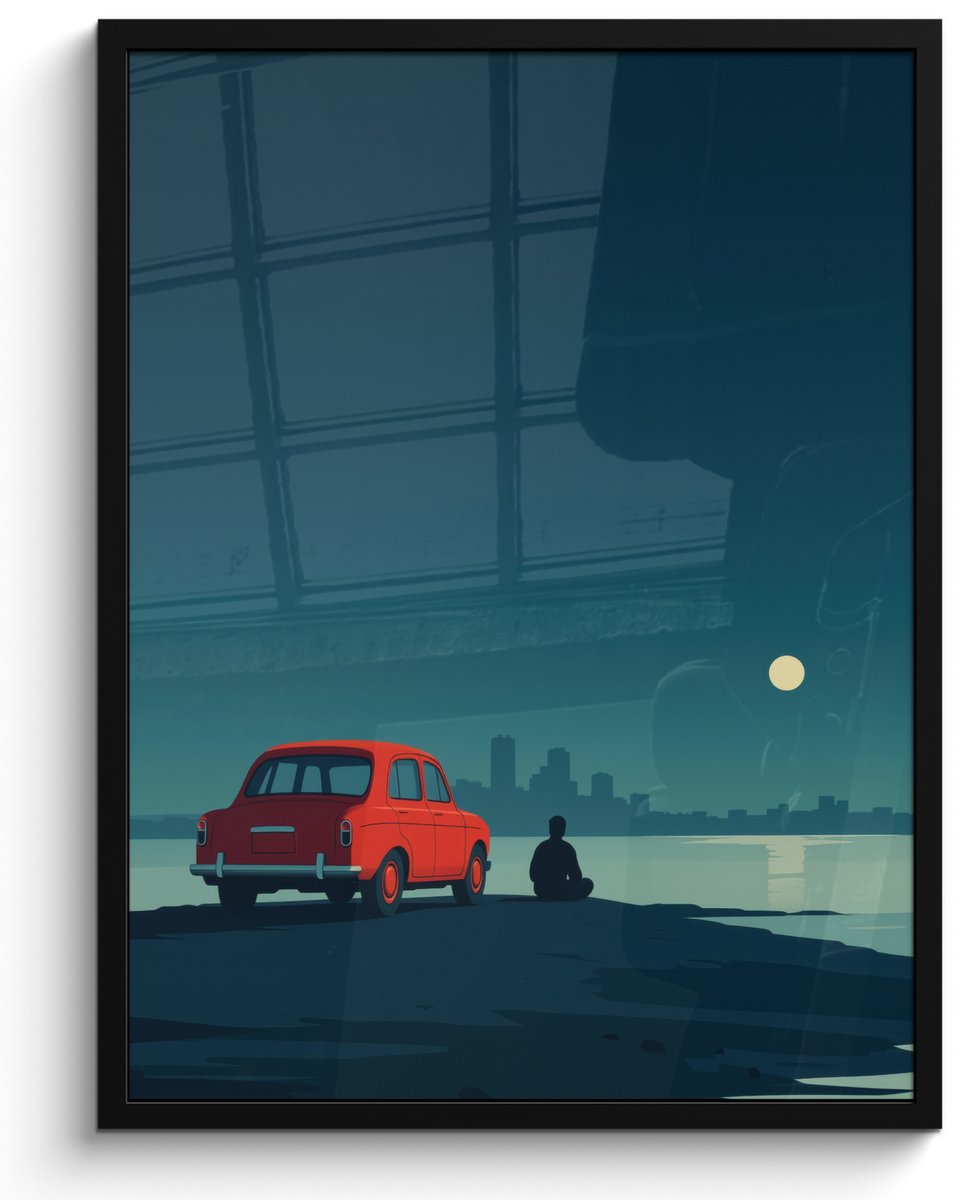 FrameYourWall Poster in lijst - Fotolijst 50x70 cm - Posters - Auto - Volle maan - Uitkijkend over water - Posterlijst zwart - Decoratie - Wanddecoratie woonkamer - Muurdecoratie slaapkamer Water - Maan
