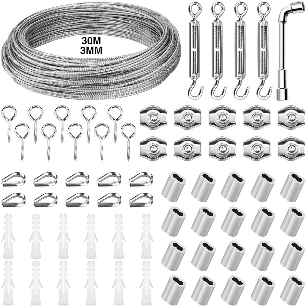 30 Meter RVS Staalkabel 3mm met Oogringen, Spanner en Klemmen - Sterk en Weerbestendig