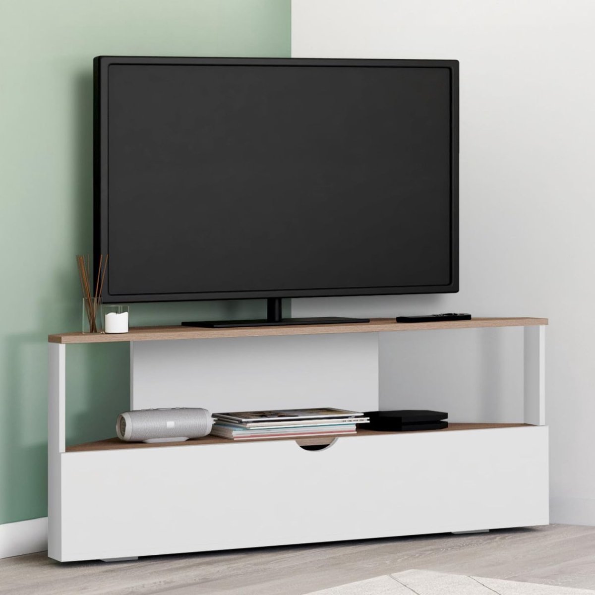 TV Hoekkast 100x30x44 cm Modern Hout Wit – Ruimtebesparende TV Meubel ELI – Abkantoor
